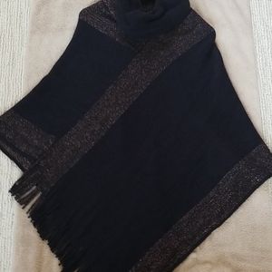 Black Cowl Neck Poncho with Fringe
